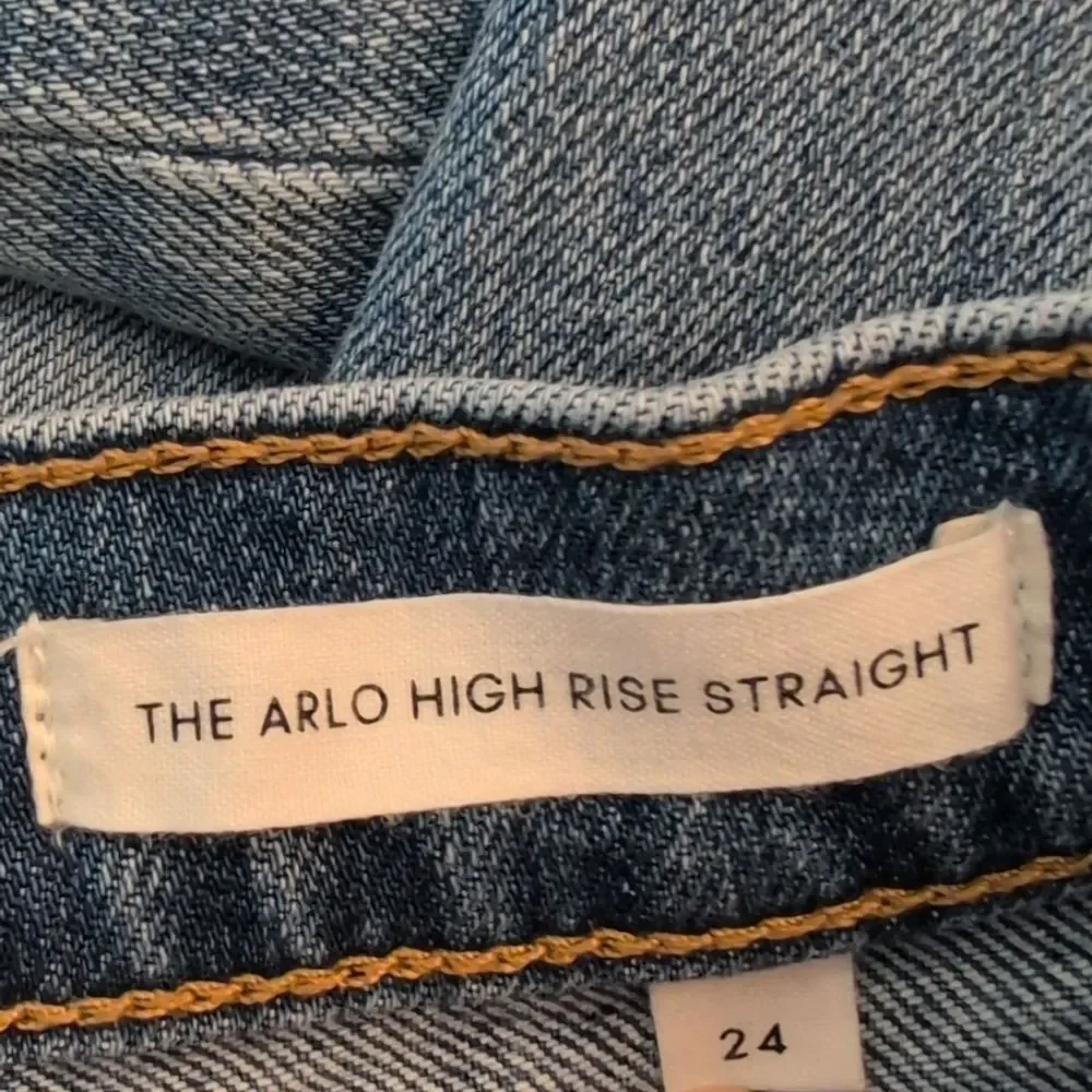 Denim Forum Arlo High Rise Straight Blue Raw Hem Button Fly Jeans Organic - 24